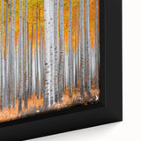 Close-up of textured black wall art featuring a colorful Aspen, Colorado scenery on a framed canvas.