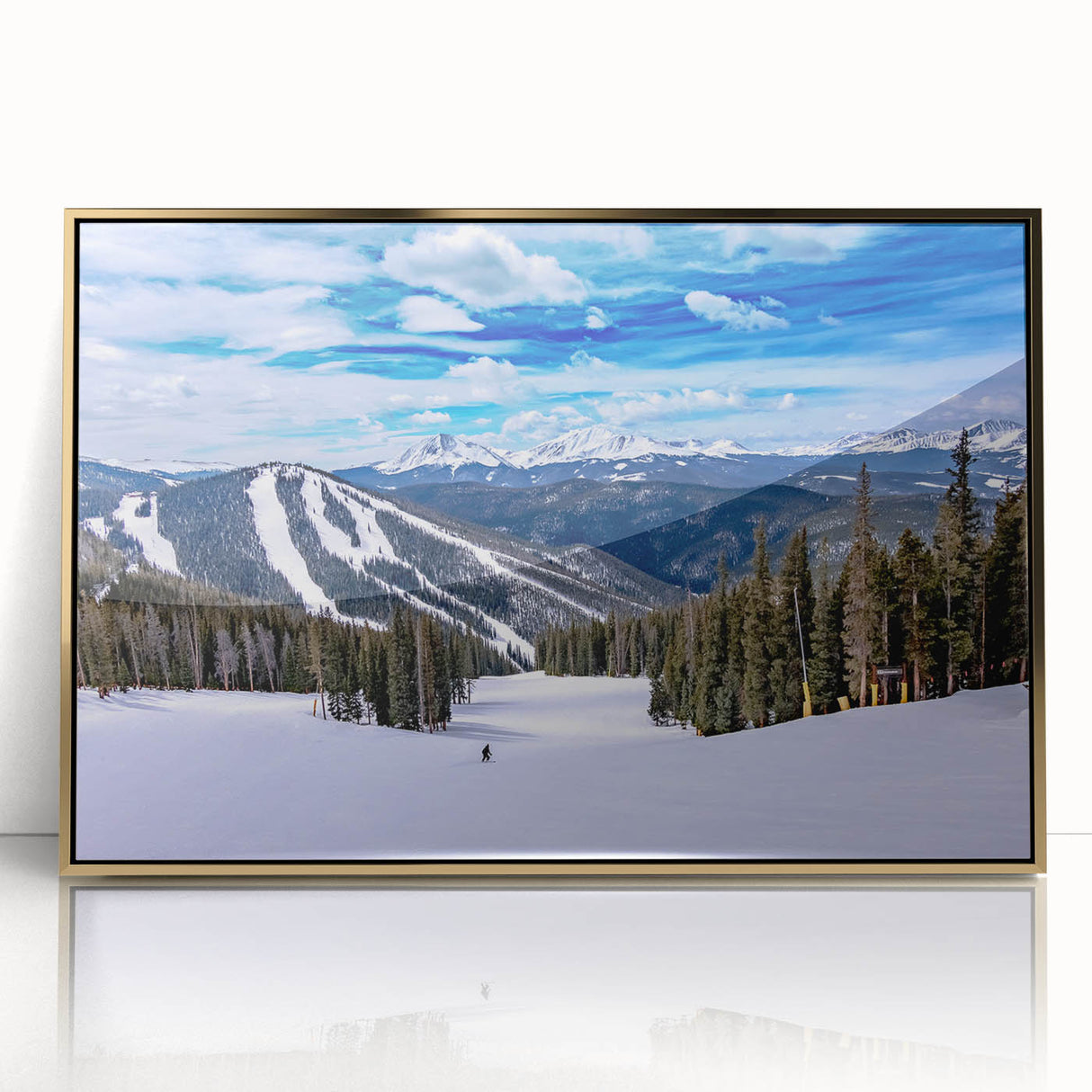 Large acrylic print of Boulder, Colorado scenery in gold frame, featuring mid-century modernist style.
