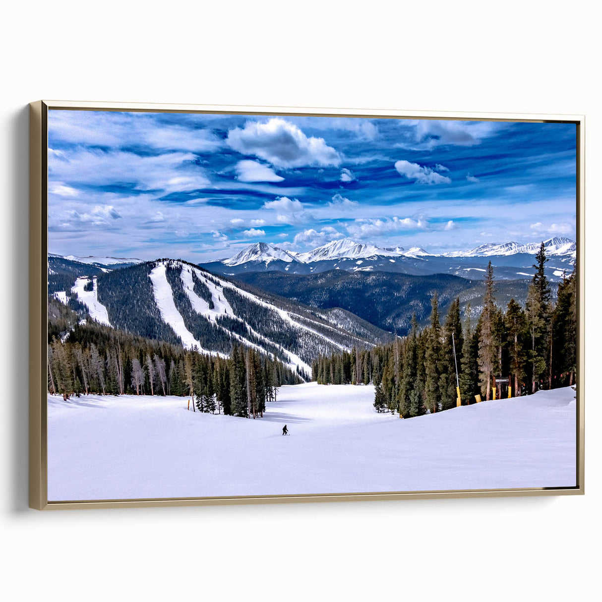Framed canvas depicting a vintage-style landscape of Boulder, Colorado, in muted gold and black tones.