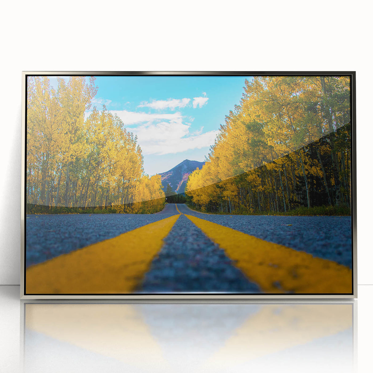 Mid-century modernist art depicting Denver skyline in muted colors on a framed acrylic print.