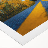 Art deco poster of Denver skyline in muted gray and blue tones on rolled canvas, suitable for dining room wall art.