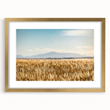 Extra large abstract art print of Pikes Peak in textured colors, framed in gold, ideal for living room decor.