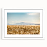 Abstract art print of Pikes Peak in Colorado, featuring muted earth tones on a framed white mat, ideal for dining room decor.