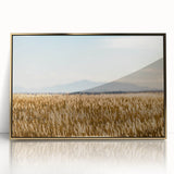 Acrylic print of Pikes Peak with gold frame, featuring muted earth tones, ideal for modern art wall decor.