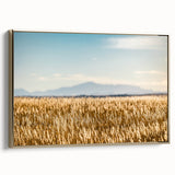 Framed canvas featuring a vintage poster of Pikes Peak landscape in muted gold and black, ideal for bedroom wall art.
