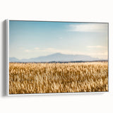 Vintage poster art of Pikes Peak in vibrant colors on a framed canvas, ideal for living room decor.