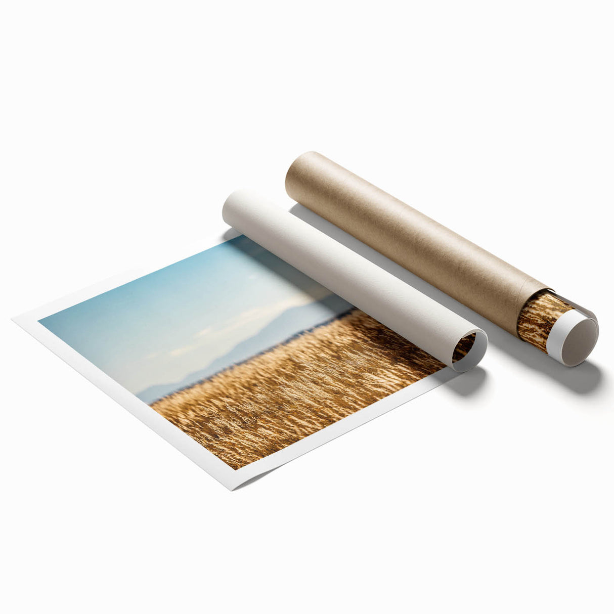 Rolled print of Pikes Peak with floral foreground in muted earth tones; suitable for large living room or bathroom wall art.