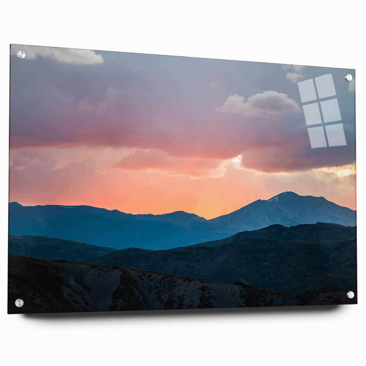 Acrylic print of the Rocky Mountains in muted earth tones, ideal for bedroom or dining room decor.