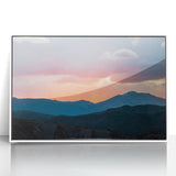 Acrylic print of Rocky Mountains in muted earth tones, framed in white, suitable for modern art wall decor.