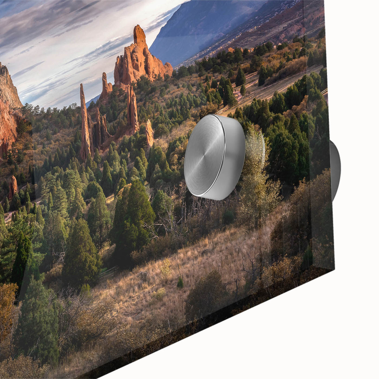Large abstract wall art depicting Colorado Springs in muted earth tones on acrylic glass, ideal for dining room ambiance.