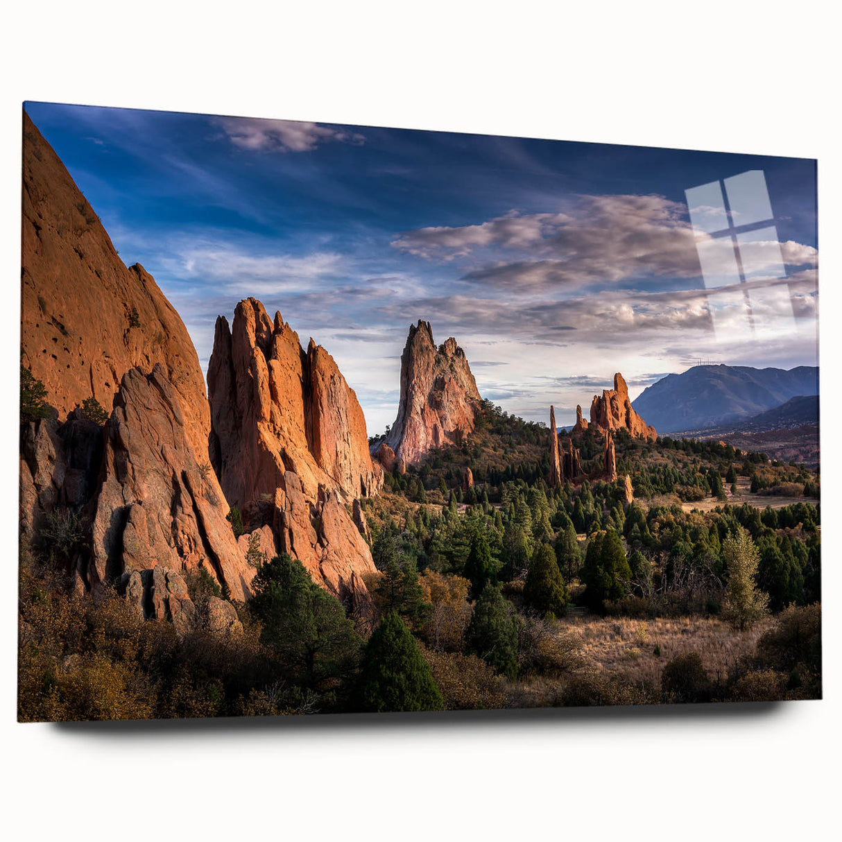 Large abstract depiction of Colorado Springs in muted earth tones on acrylic glass.