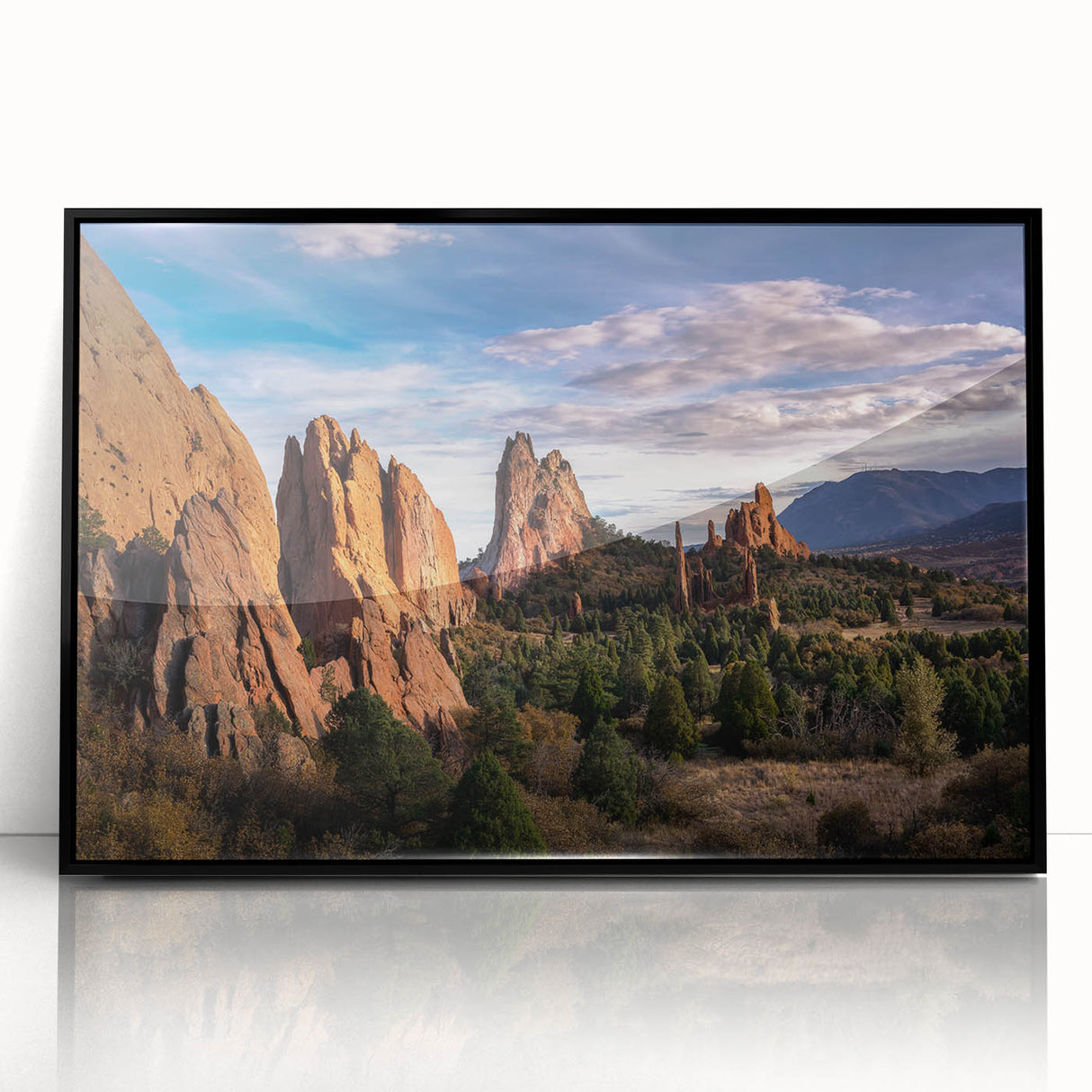 Large abstract wall art depicting a vibrant Colorado Springs landscape on black framed acrylic, suitable for modern decor.