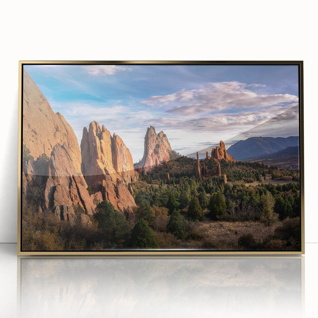 Acrylic print of Colorado Springs landscape in gold frame, featuring mid-century modernist style, ideal for nursery wall art.