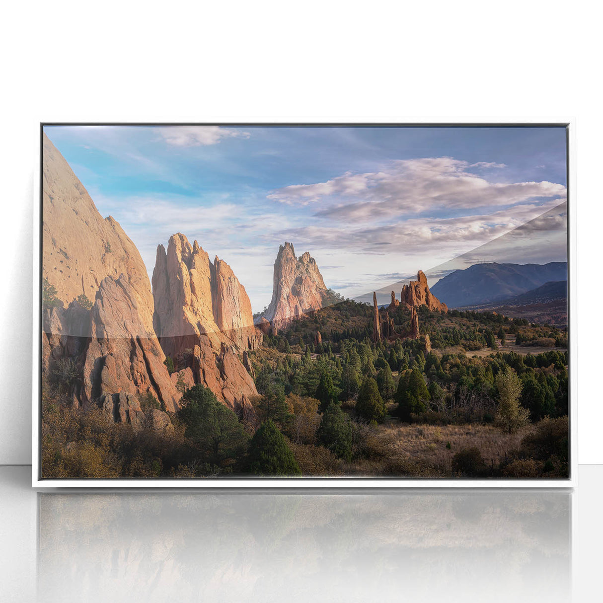 Acrylic print of Colorado Springs landscape in art deco style, featuring pastel colors, ideal for modern nursery wall art.