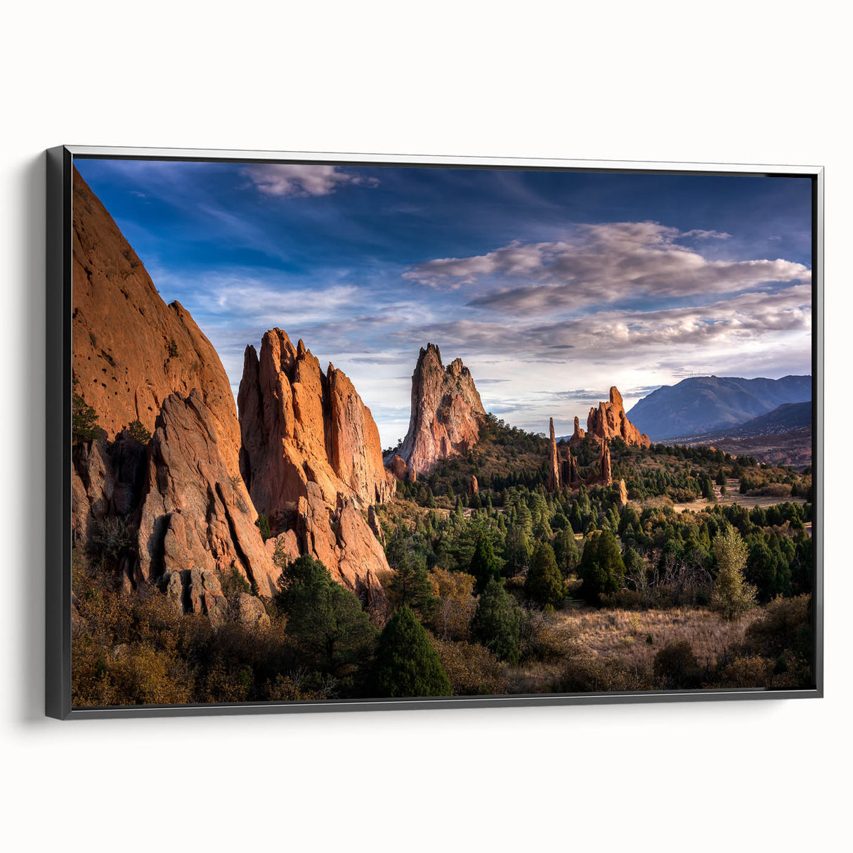 Black and white framed canvas of Colorado Springs landscape, ideal for bedroom wall art.