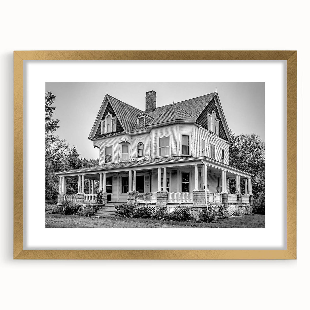 Extra large abstract art print of a textured Connecticut scenery in muted earth tones, framed in gold.