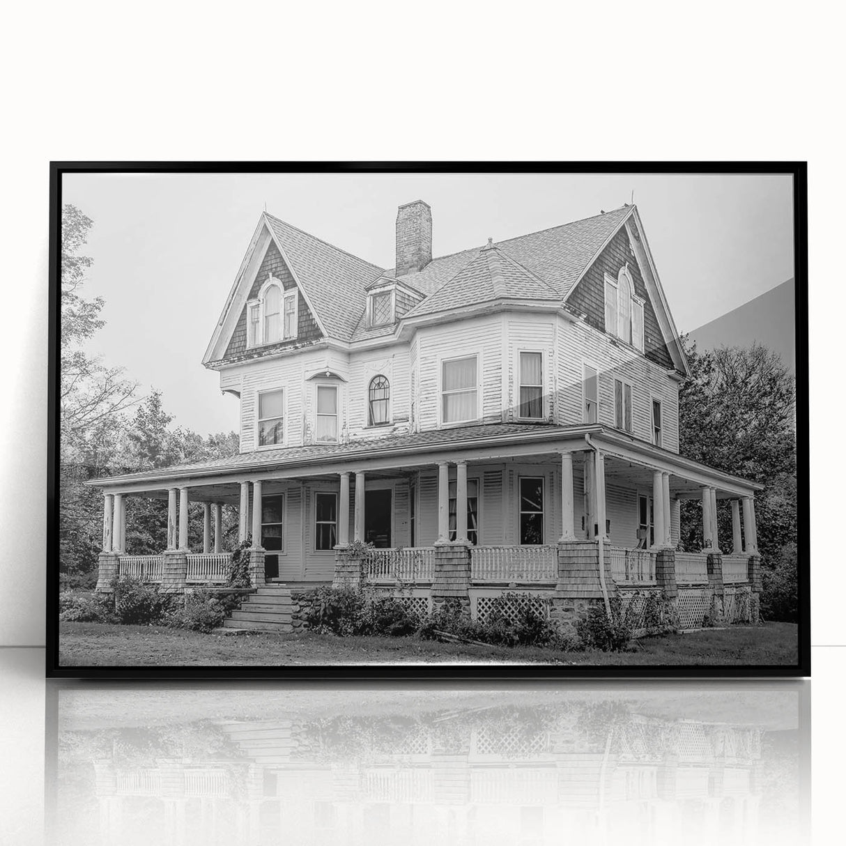 Large abstract wall art depicting a Connecticut scenery in muted gray tones on a framed acrylic.