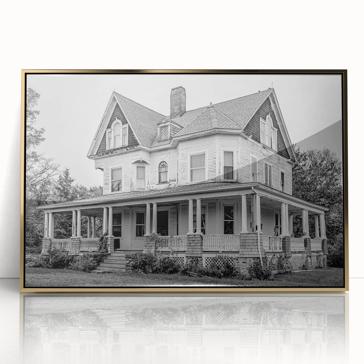 Mid-century modernist acrylic print featuring a Connecticut landscape in muted earth tones.