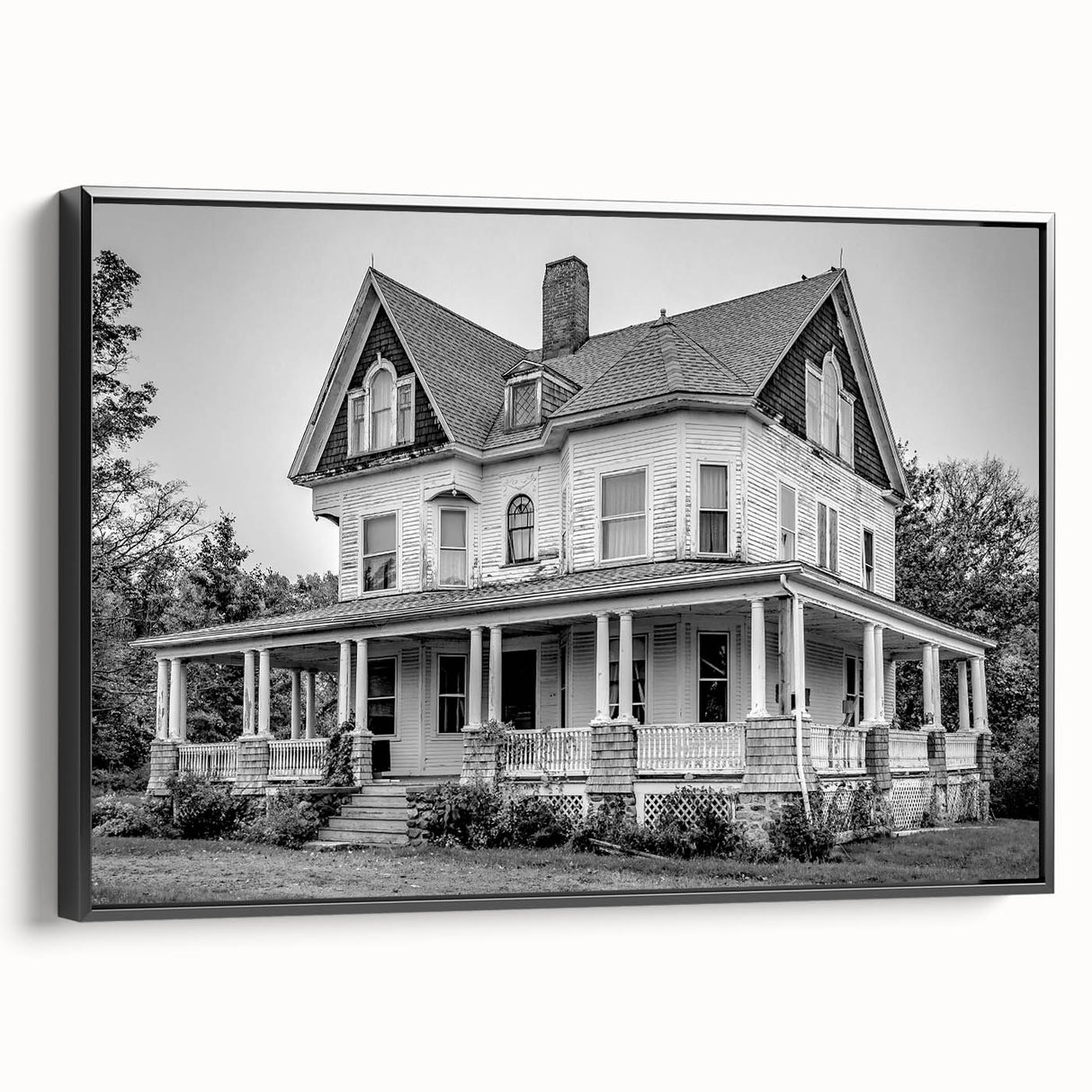 Black and white landscape art painting of Connecticut scenery on framed canvas, ideal for bedroom wall decor.