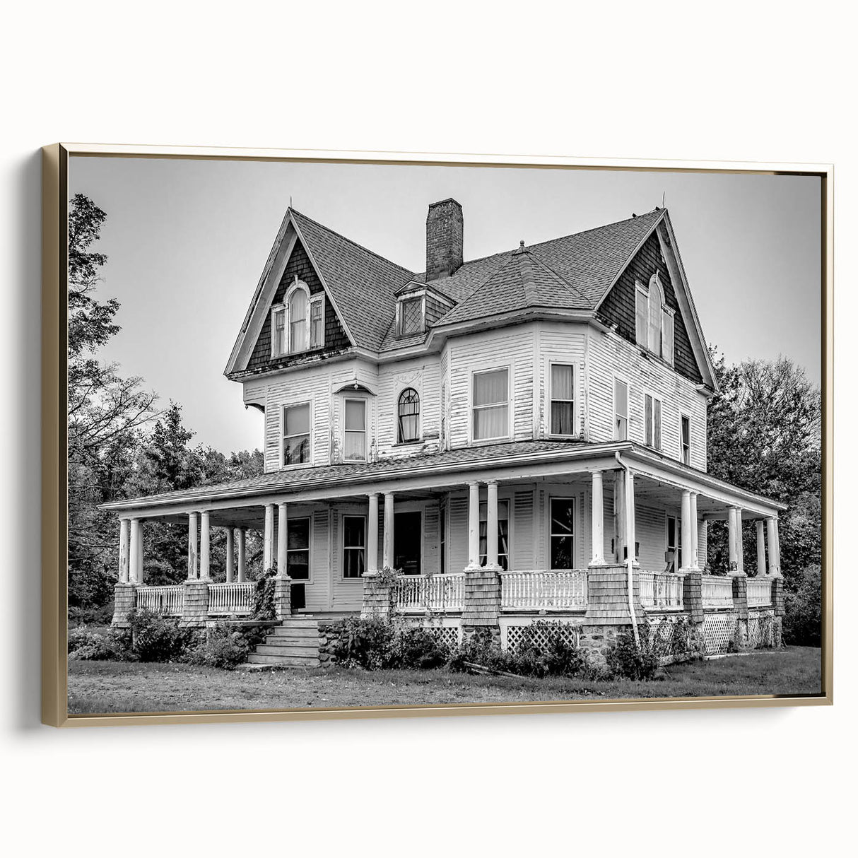 Framed canvas depicting a vintage-style Connecticut landscape in black and gold tones, suitable for bedroom wall art.