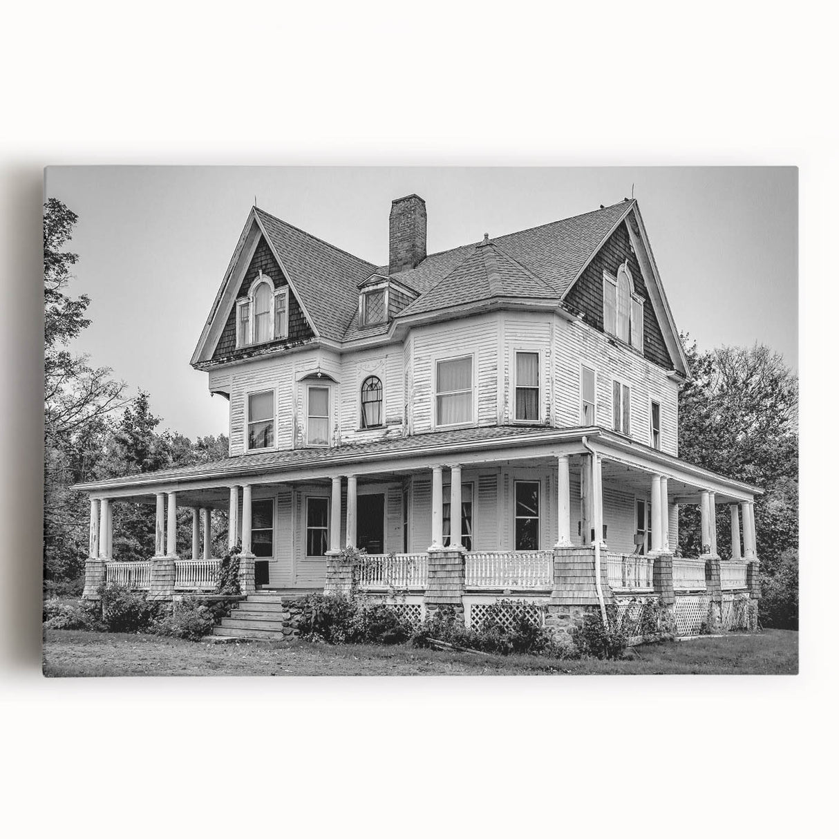 Black and white stretched canvas depicting a serene Connecticut landscape, suitable as large kitchen art.
