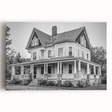 Black and white stretched canvas depicting a serene Connecticut landscape, suitable as large kitchen art.