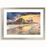 Textured art print of abstract Daytona scenery in muted blue and gray, framed in silver, ideal for bedroom art.