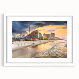 Abstract art print depicting Daytona scenery in muted blue and green tones, framed with a white mat.