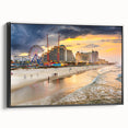 Black and white vintage poster art of Daytona landscape on framed canvas, ideal for bedroom wall decor.