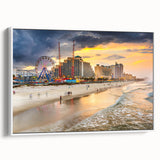 Vintage poster art of Daytona scenery in vibrant colors on a framed canvas, suitable for living room decor.