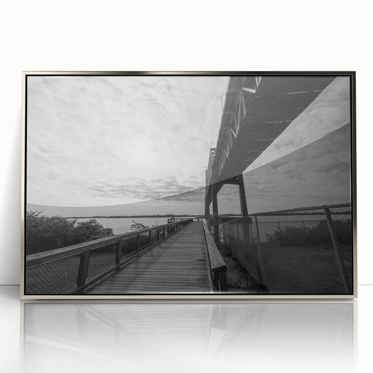 Mid-century modernist art depicting Delaware scenery in muted colors on a framed acrylic print.