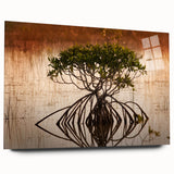 Large abstract depiction of the Everglades in muted green and blue tones on acrylic glass.