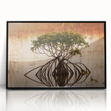 Large abstract wall art depicting the Everglades in muted green and blue tones on a framed acrylic.