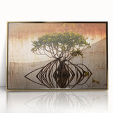 Framed acrylic print of the Everglades in muted green and blue tones, ideal for modern art wall decor.