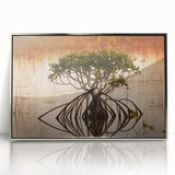 Framed acrylic print of a mid-century modernist Everglades scenery in subdued green and blue tones.