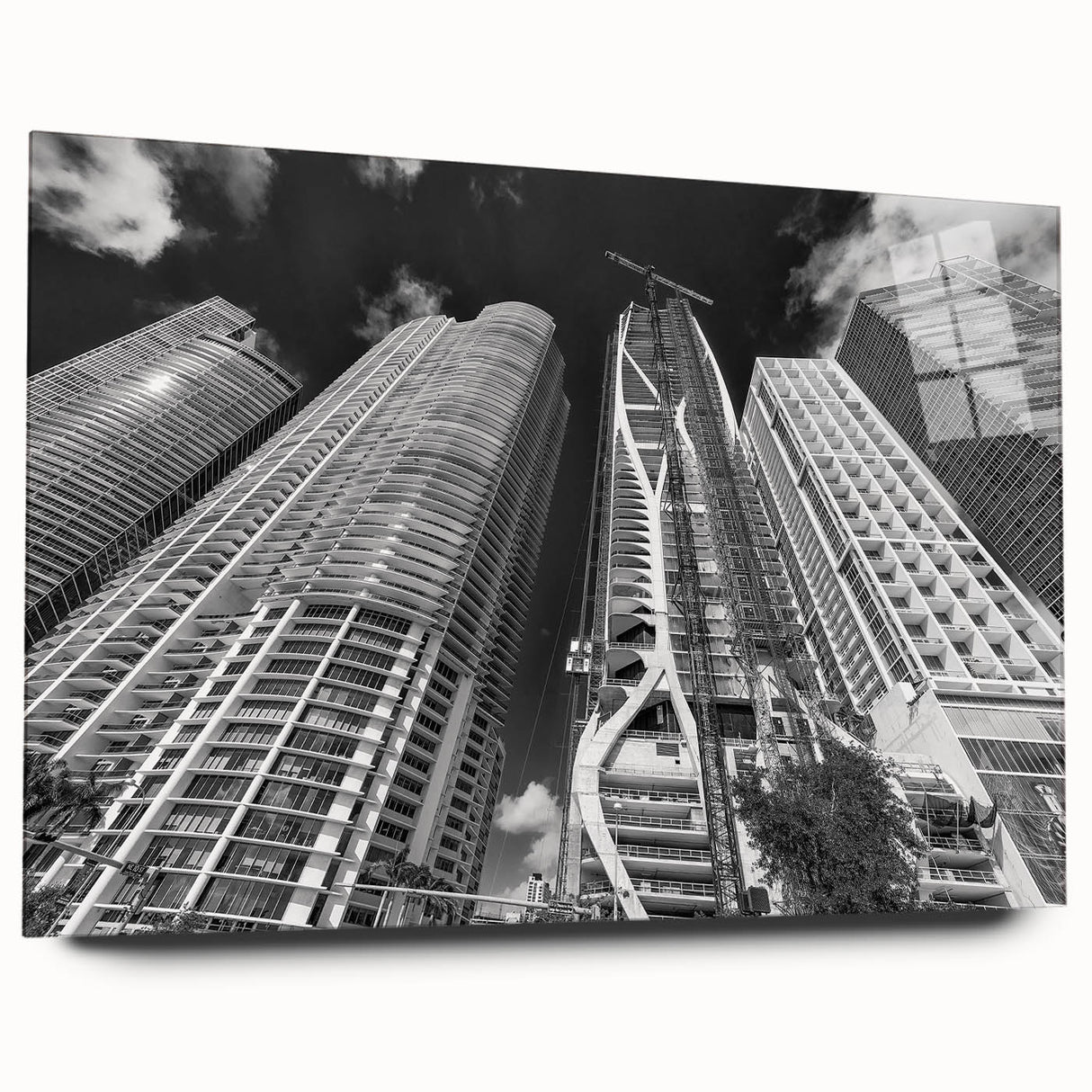 Acrylic print of a large abstract depiction of Miami, in vibrant blue and pink tones, ideal for bedroom or dining room art.