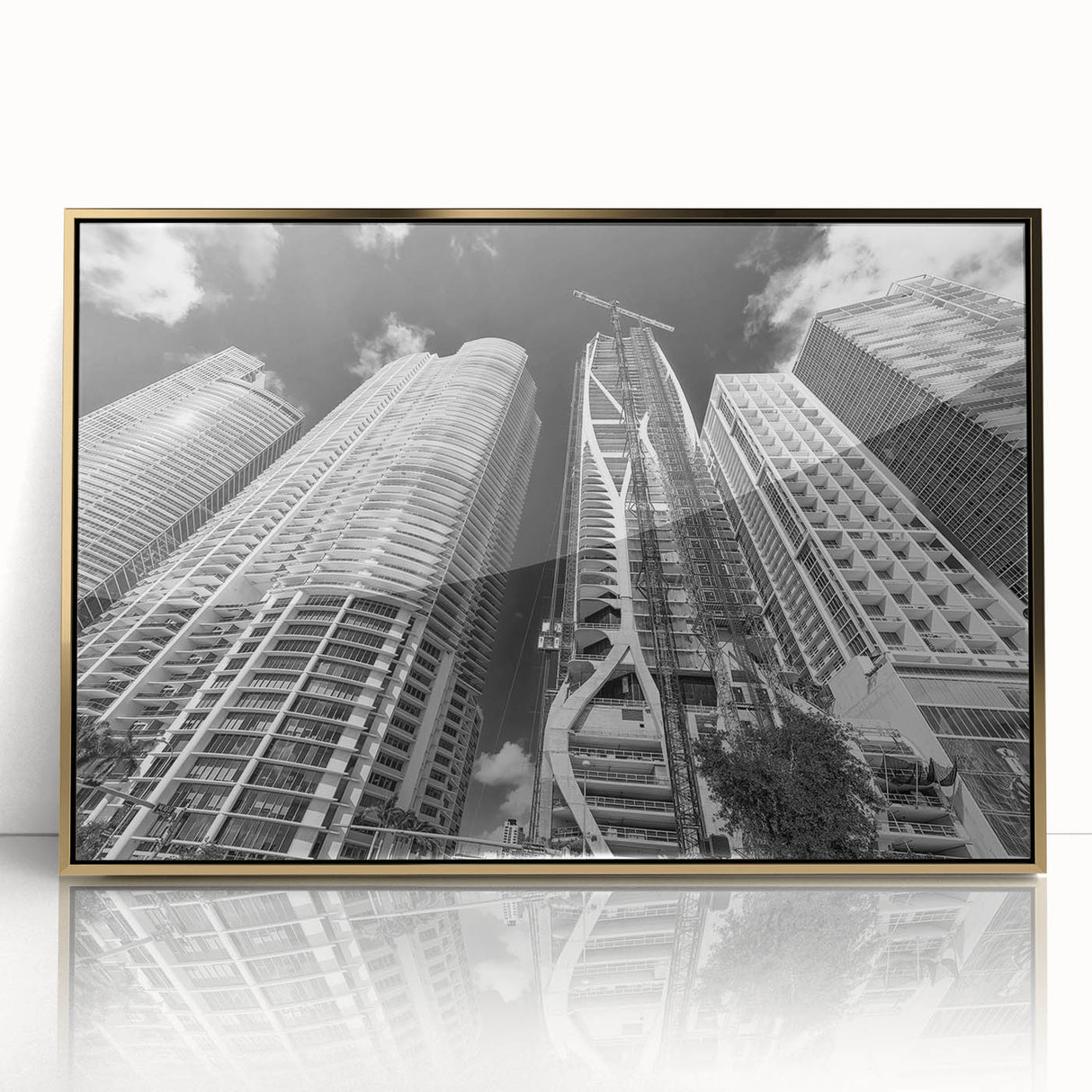 Acrylic print of Miami skyline in gold and teal, mid-century modernist style, ideal for modern art wall decor.