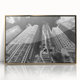 Acrylic print of Miami skyline in gold and teal, mid-century modernist style, ideal for modern art wall decor.