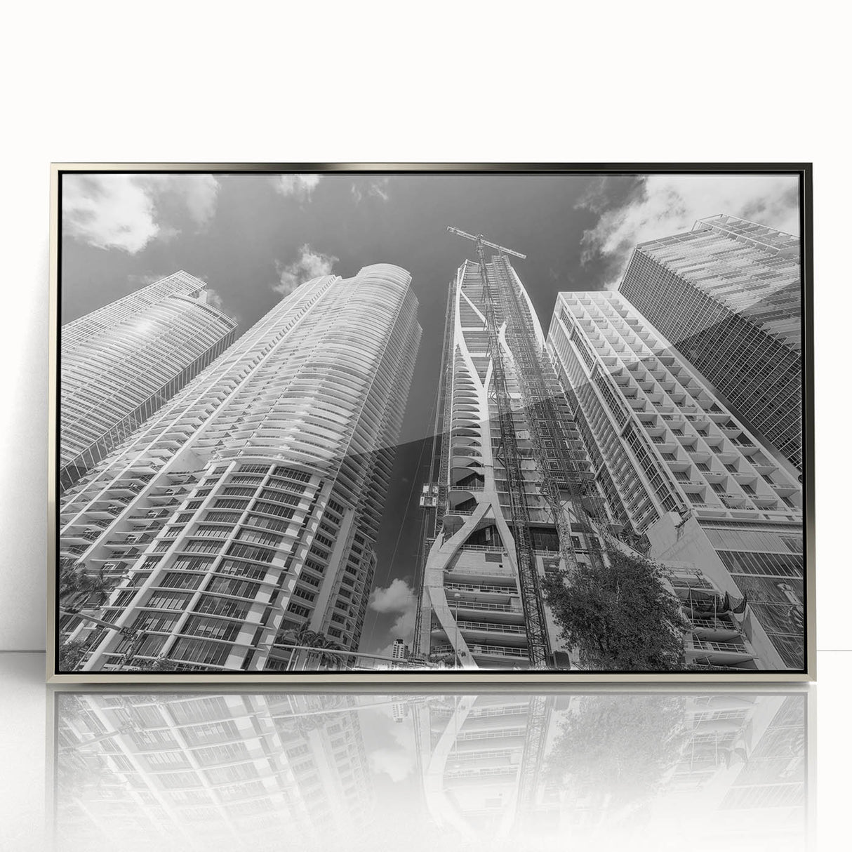 Mid-century modernist art depicting Miami skyline in pastel hues on a framed acrylic print, suitable for nursery wall art.