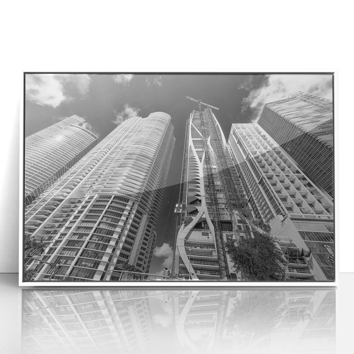 Art deco poster of Miami skyline in pastel shades, acrylic framed, ideal for modern nursery wall art.