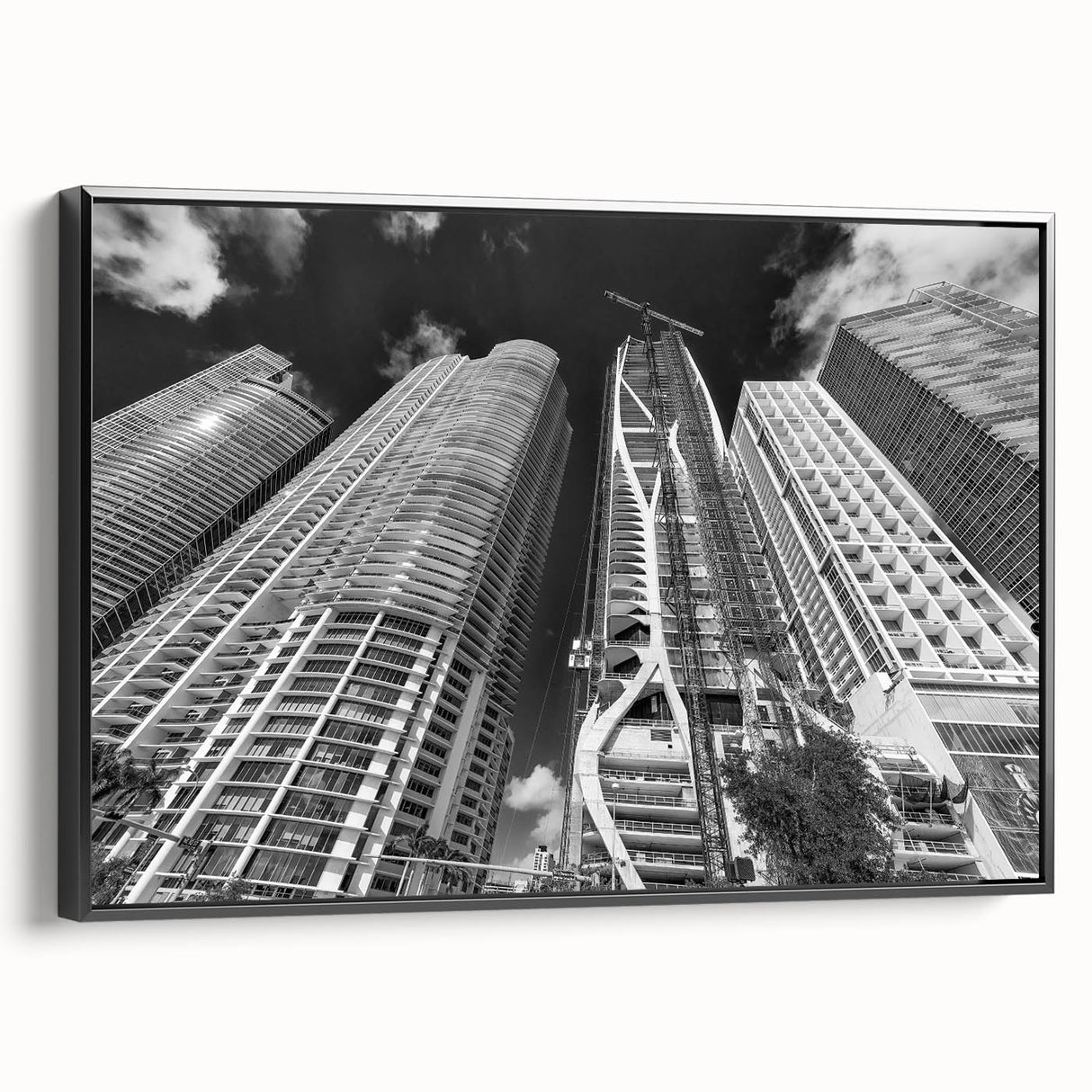 Black and white framed canvas featuring a vintage-style Miami landscape, ideal for bedroom wall decor.
