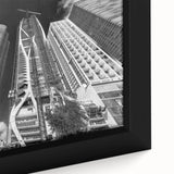 Black wall art featuring a textured depiction of Miami’s skyline in colorful hues on a large framed canvas.
