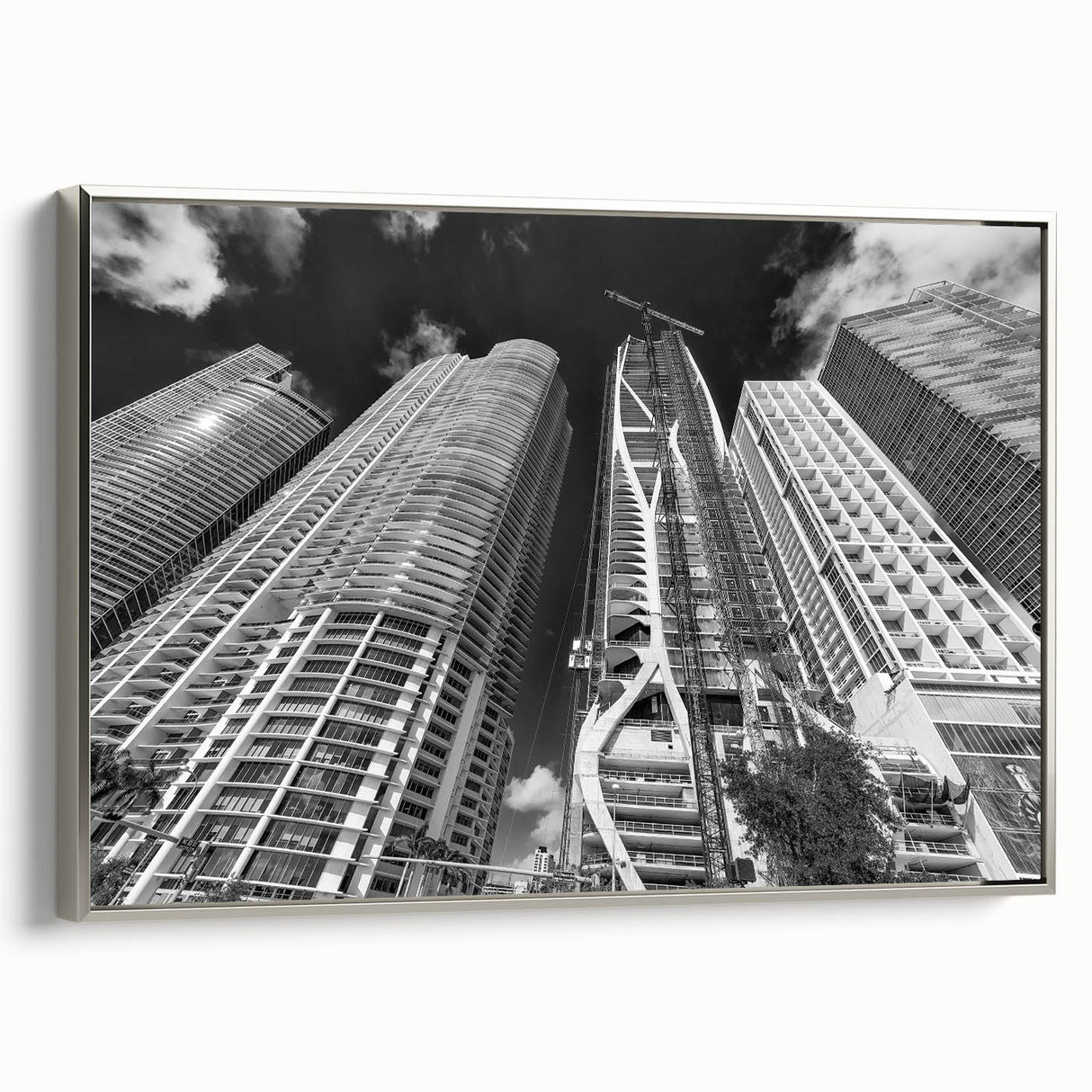 Framed canvas featuring a vintage-style Miami landscape with vibrant colors on a black background.
