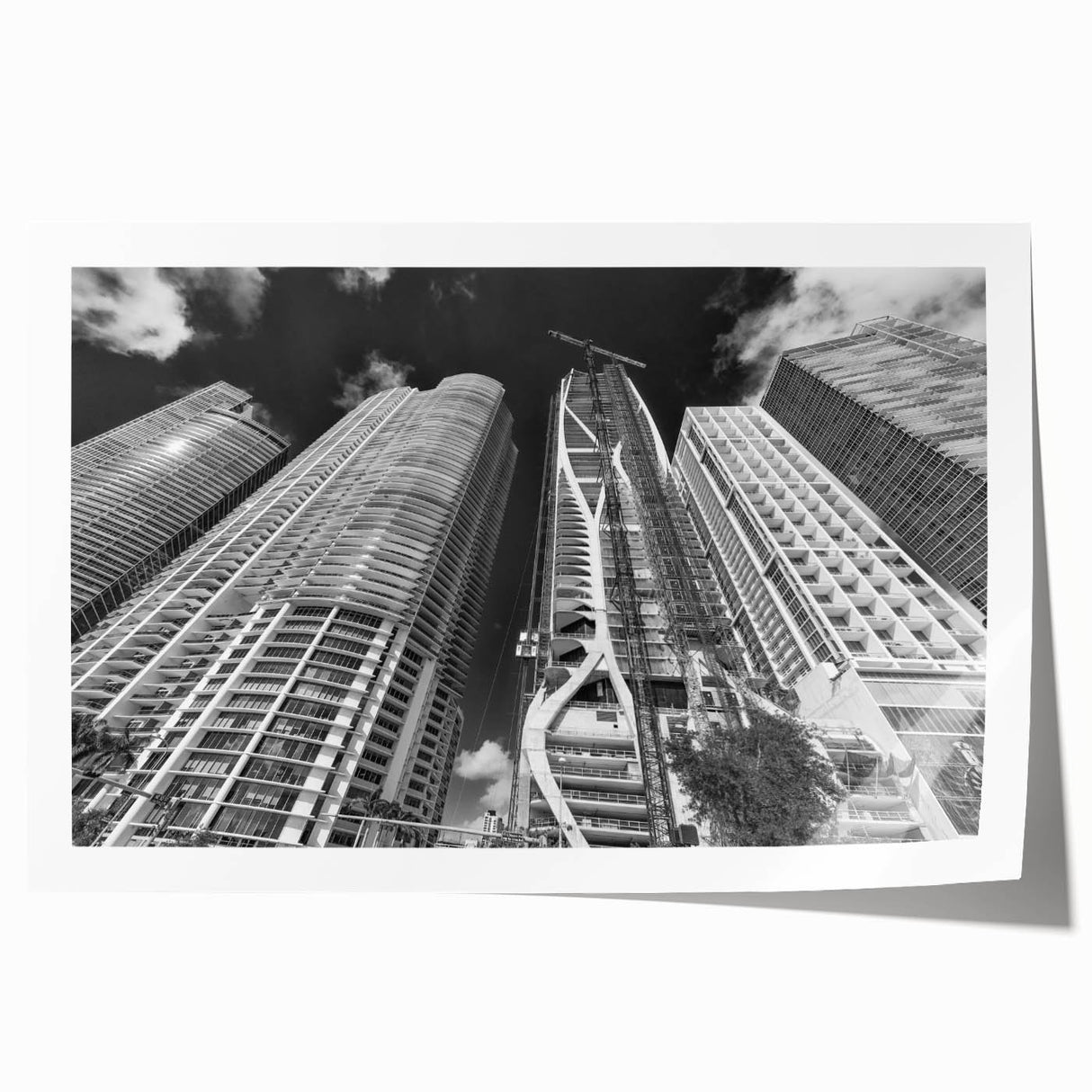 Extra large rolled print featuring a vibrant Miami skyline with floral accents, ideal for art wall dining room.