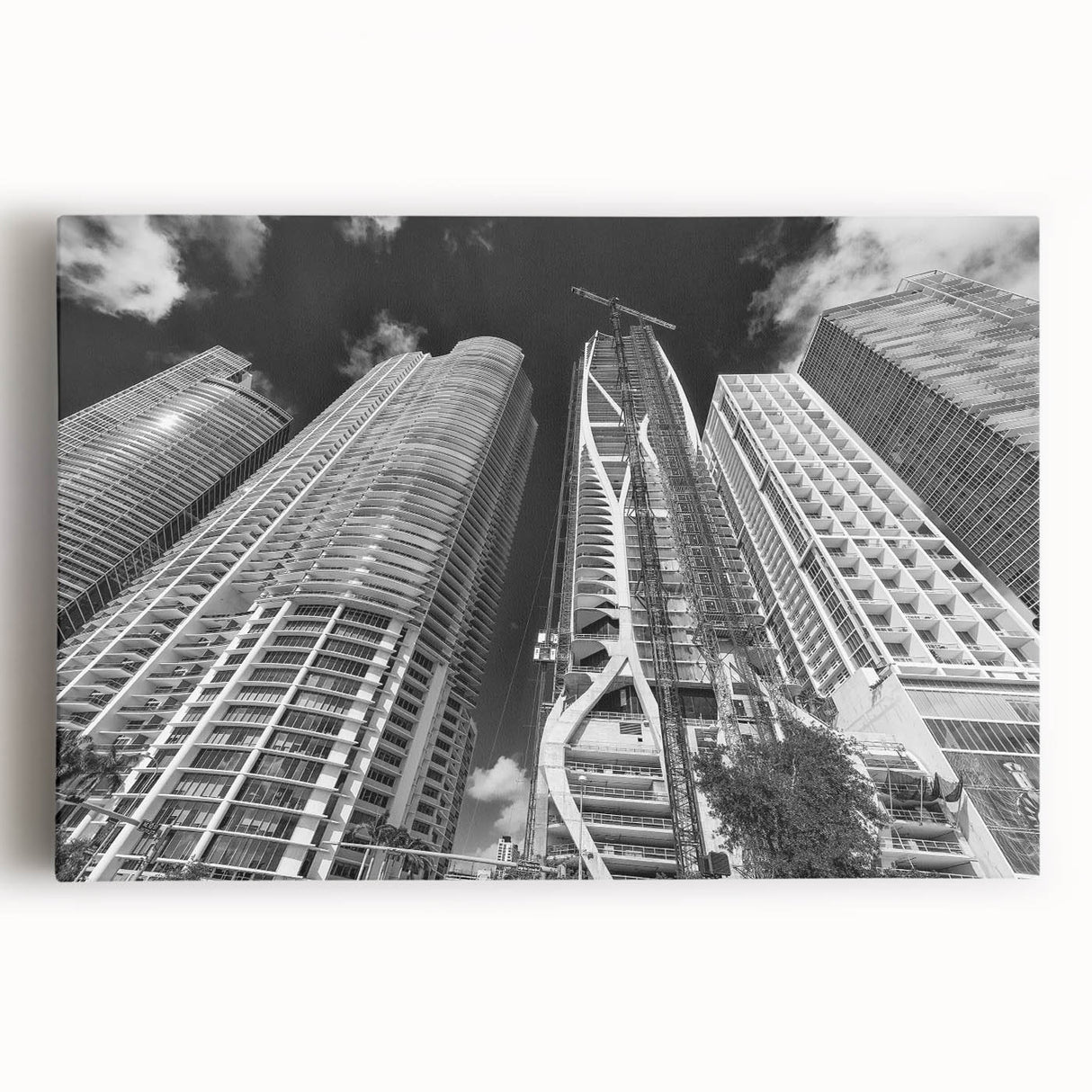 Black and white stretched canvas of Miami skyline, ideal for kitchen wall art.