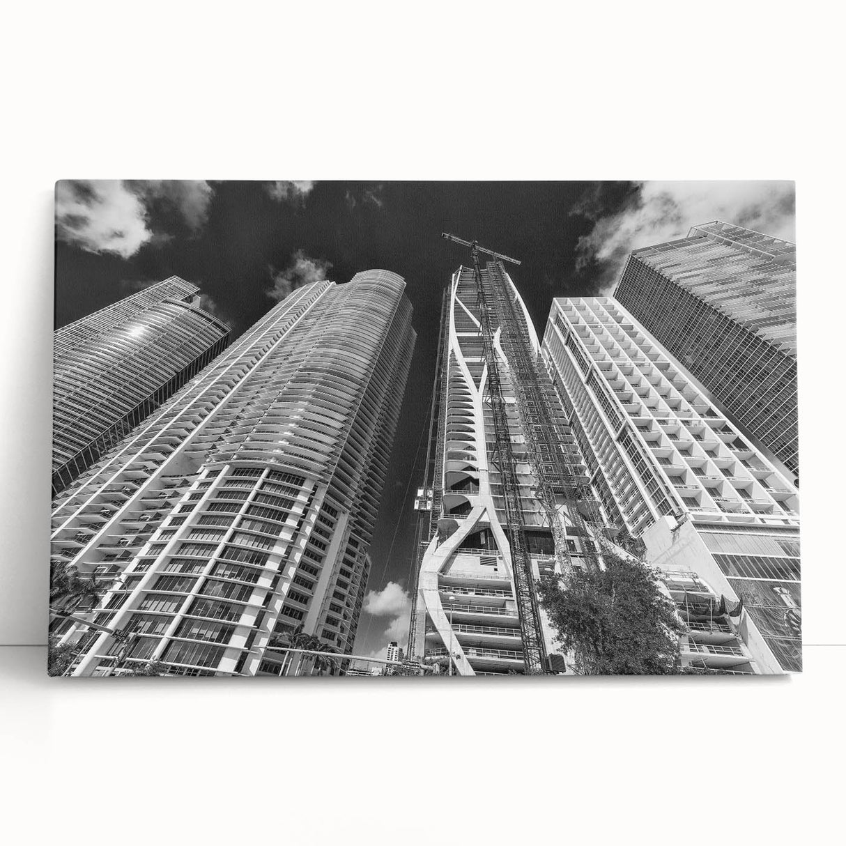 Black and white photo of Miami skyline on large stretched canvas, ideal for kitchen wall art.