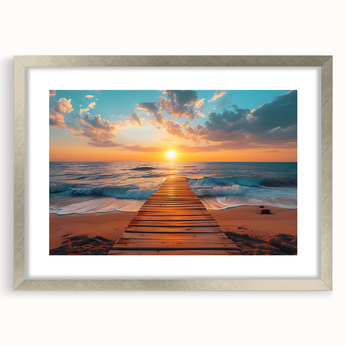 Textured art of abstract palm beach scenery in silver frame, using cool blue and green hues, ideal for bedroom art.