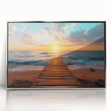 Mid-century modernist art of Palm Beach with muted pastel hues on a silver-framed acrylic print, ideal for nursery wall art.