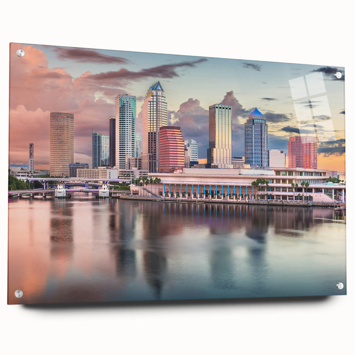 Acrylic print of Tampa skyline in muted blue and gray tones, ideal for bedroom or dining room decor.
