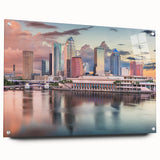 Acrylic print of Tampa skyline in muted blue and gray tones, ideal for bedroom or dining room decor.